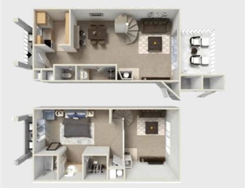 A diagram of a house with two floors, showing the layout of rooms and furniture.